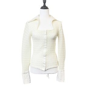 VTG y2k Rayure Paris France Textured Cream Square Neck Blouse Top Avant Garde